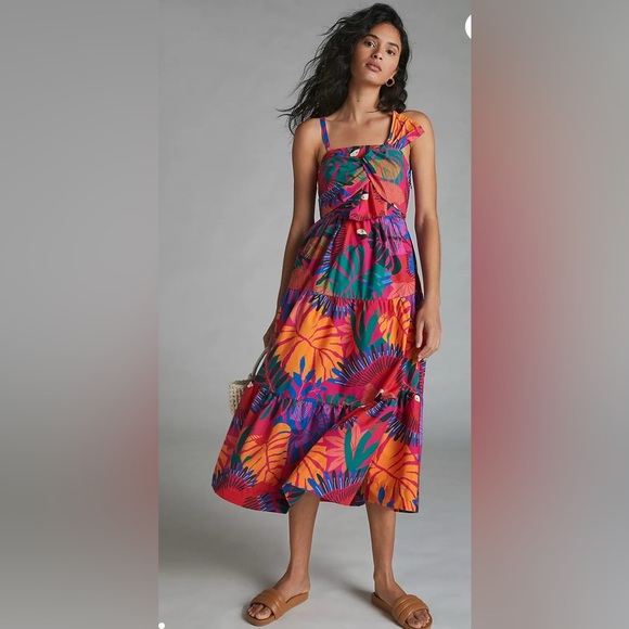 H&M Floral Purple Yellow Orange Print Maxi Tiered Dress Smocked Top Tropical - Picture 9 of 11